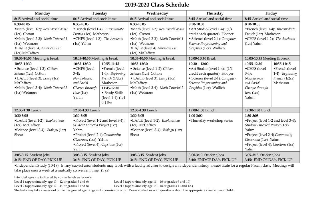 vt timetable of classes