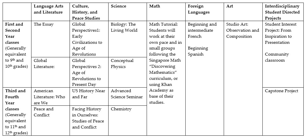 Pacem High School Curriculum: core and elective courses