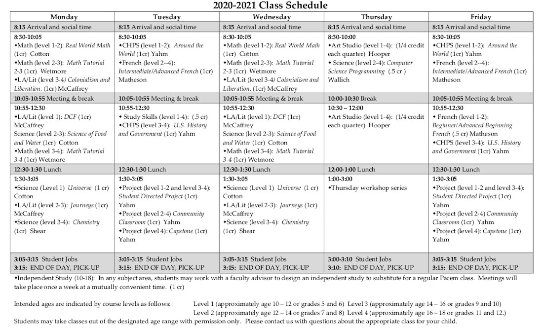 Pacem Schedule: class schedule for school in Montpelier VT
