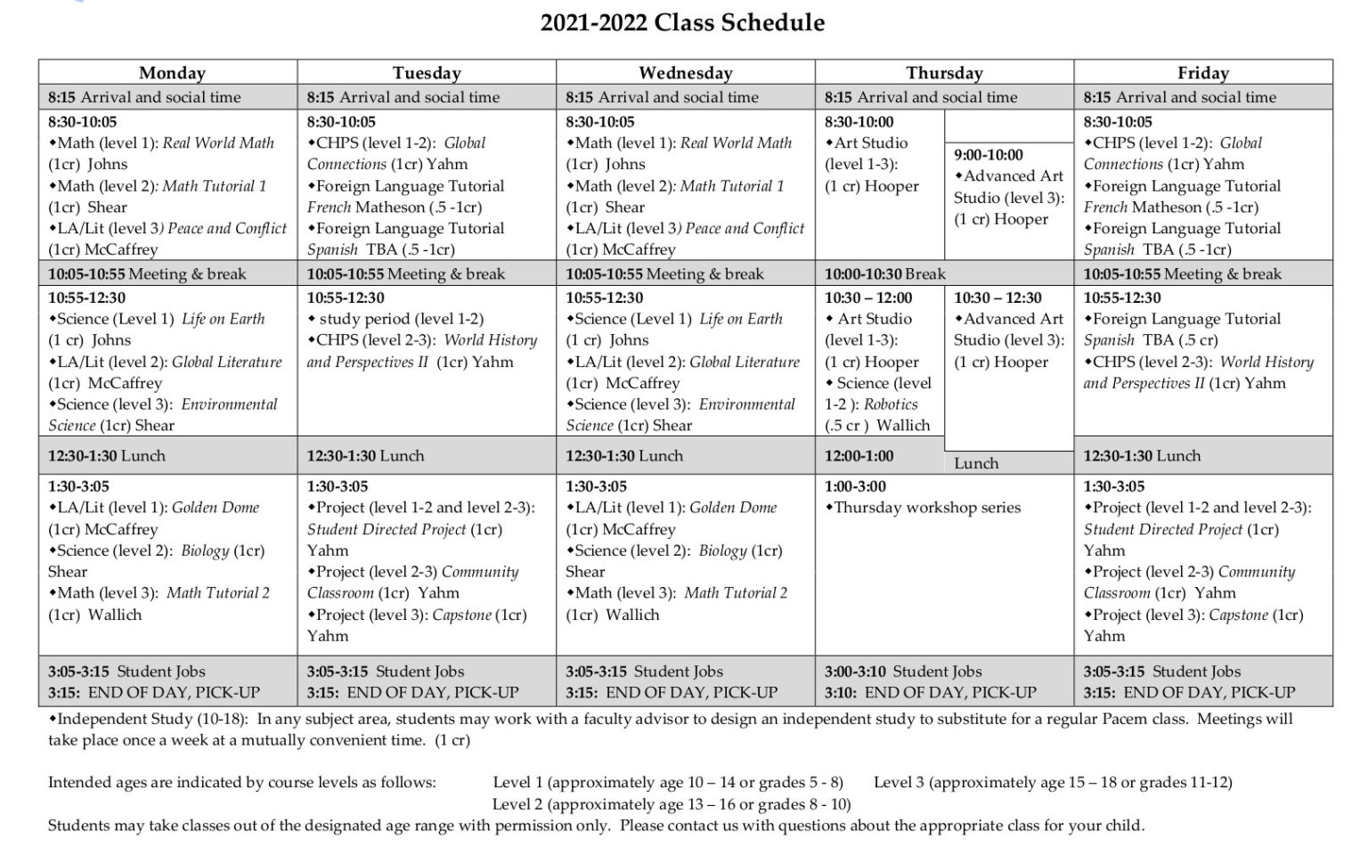 Pacem Schedule class schedule for school in Montpelier VT